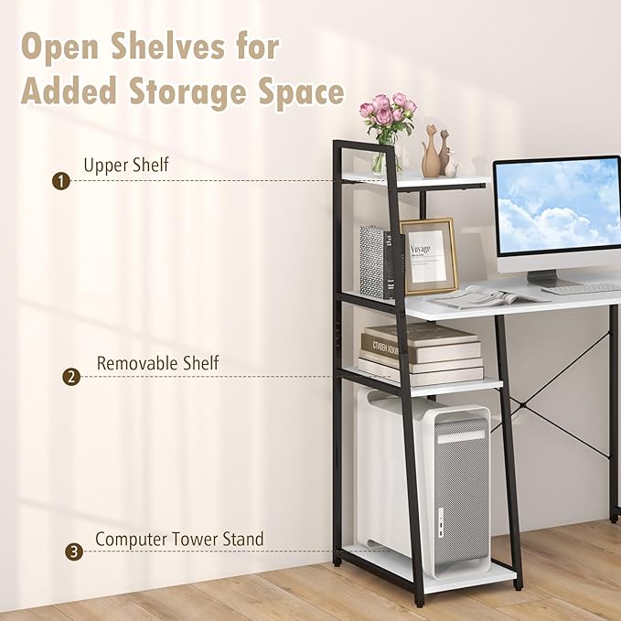 COSTWAY Computer Desk with 4-Tier Storage Shelves Home Office Desk Writing Table with Sturdy X-Shape Frame Adjustable Foot Pads Modern Simple Style Study Desk Wide Tabletop (White and Black)