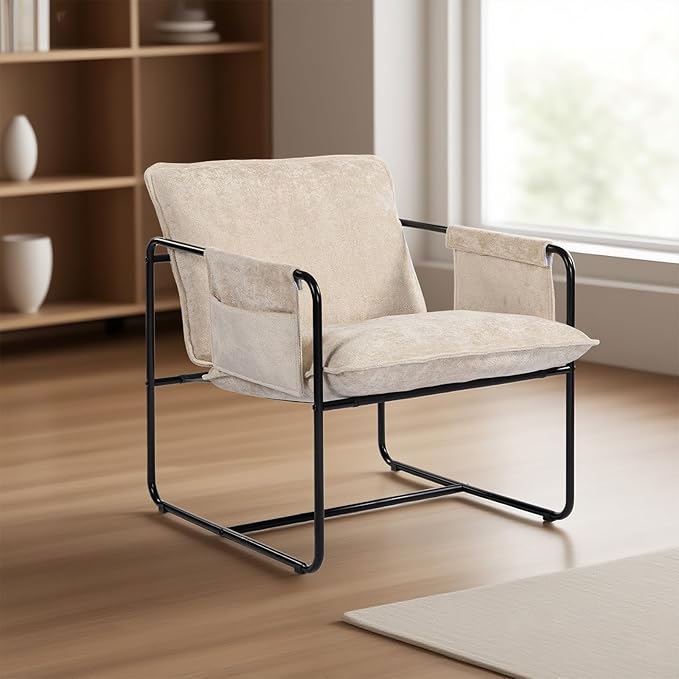 Modern Accent Chair Comfortable Living Room Chairs with Armrests Lounge Chair with Metal Frame Chenille Upholstered Bedroom Reading Chair
