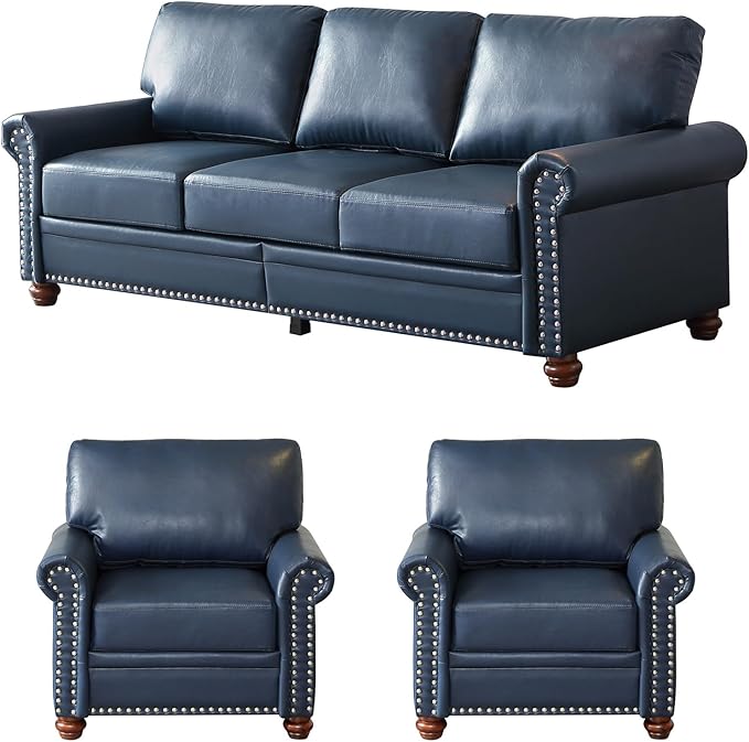 Antetek 3-Piece Comfy Upholstered Faux Leather Sofa Couch Set Mid-Century Modern Single Sofa Chair(2 Units) + 3 Seater Couch(1 Unit) with Storage Space for Living Room Furniture Set Navy Blue