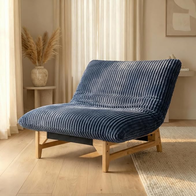 Oversized Cloud Chair with Solid Wood Base Corduroy Bean Bag Accent Chair for Adults Big Fluffy Shredded Foam Filled Reading Armchair for Bedroom Living RoomBlue