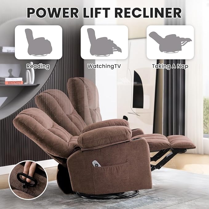 Swivel Rocker Recliner Chair with Vibration Massage and Heating Functions for AdultsOversized Recliner Single Sofa with Side PocketTwo Cup Holders and USB Charge Port for Living Room and Bedroom