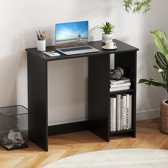 Black Computer Desk Modern Writing Desk with Storage Shelves Compact Gaming Table Wood Home Office Desks Small Desk for Bedroom Living Room Study (Black)