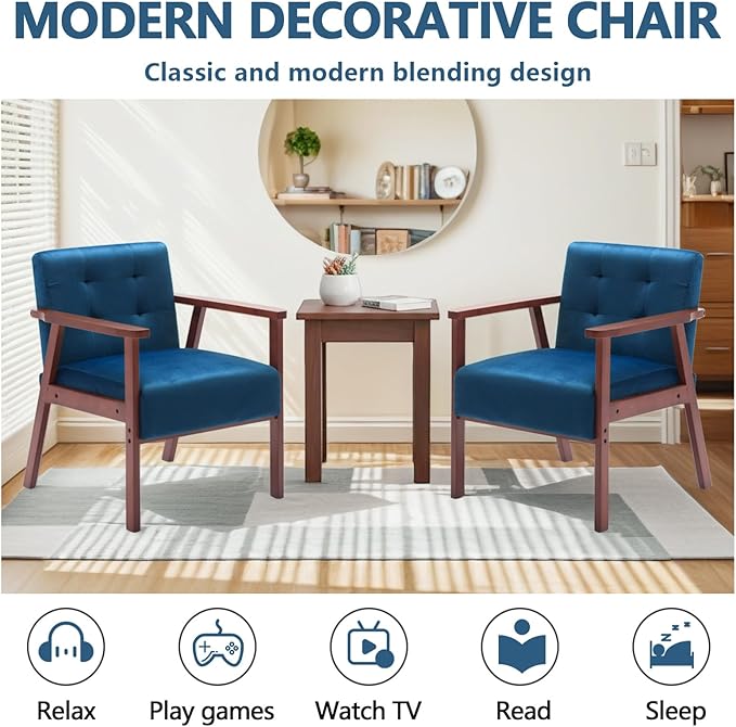 Anwick Mid-Century Accent ChairModern Velvet Living Room Chair with Solid Wood FrameComfy Armchair Lounge Reading Chairs for Bedroom Office Small Spaces (Blue)
