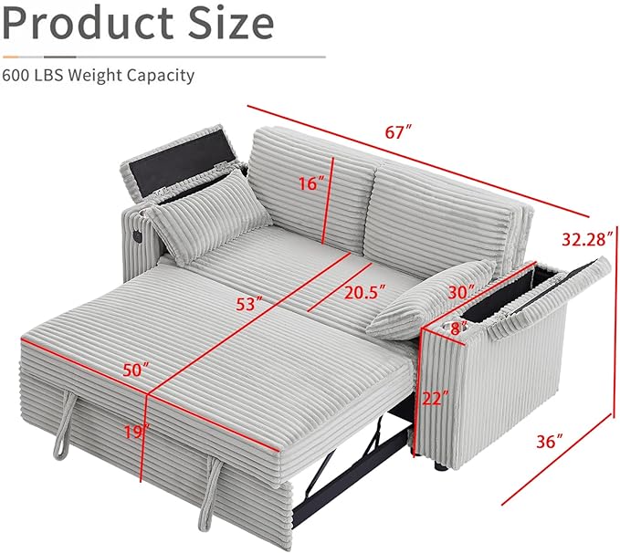 68.11 Corduroy Sleeper Chair Bed with USB Port Cup Holders &amp Side Storage Pockets – 3-in-1 Foldable Sofa Bed for Guest Room Living Room –Gray