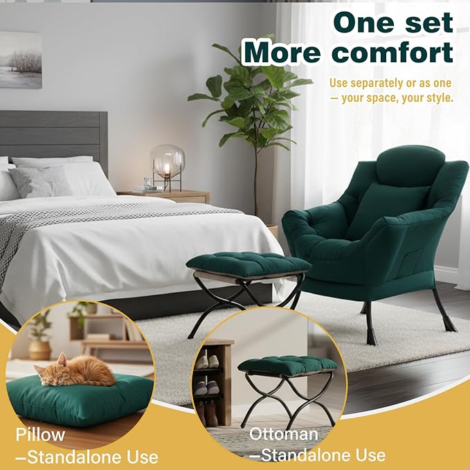 Lazy Chair with Ottoman Large Accent Chair with Ottoman and a Throw Pillow Dark Green Reading Chair for Living Room Bedroom Dorm Room Office Apartment Relaxing Use