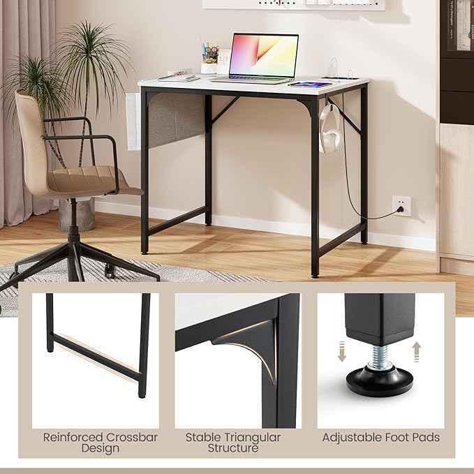 COSTWAY Home Office Desk 32 Inch Computer Desk with Recessed Power Strip Storage Bag &amp Headphone Hook Wide Desktop Modern Computer Workstation Writing Table for Home Office (White + Black)