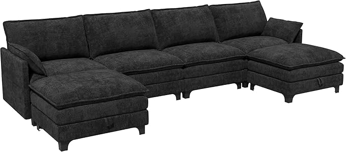 140 U-Shaped Modern Modular Sectional Sofa Chenille Cloud Couch with Storage Ottoman Deep Seat Couches with Side Pocket for Living Room Bedroom and Apartment Dark Grey
