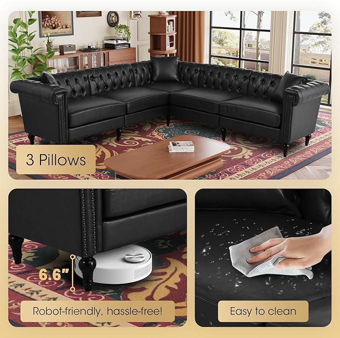 99.4 X 99.4 L Shaped Couch Faux Leather Sectional Couch with Three Pillows Chesterfield L Shaped Sofa 5 Seat PU Leather Sectional Couches for Living Room Black