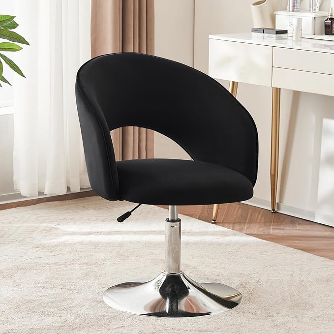 Furnimart Adjustable Black Vanity Chair with Back Velvet Makeup Chair Swivel Accent Chair with Chrome Frame Hollow Backrest Side Chair for Living Room Makeup Room Bedroom (Black)