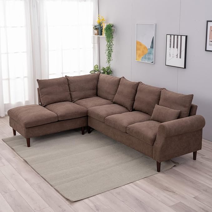 Panana Upholstered Sofa Couch Linen Fabric/Artificial Leather L Shaped Corner Sectional Modern Living Room Sofa (Brown Linen 6 seat Left Corner with Built-in USB Port)