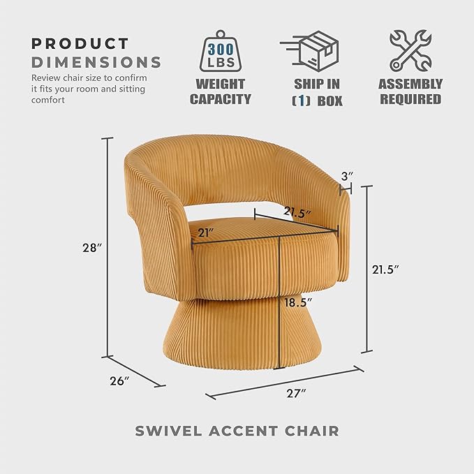 Lexicon 360 Degree Swivel Accent Chair Modern Comfy Corduroy Round Barrel Chair Open Back Plush Foam Cushions Metal Swivel Base for Living Room/Bedroom/Office Yellow