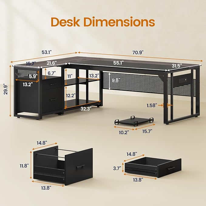 71 in Executive Desk with Power Outlets Reversible L Shaped Computer Desk with File Drawers &amp Storage Shelves Large Office Desk with Pegboard Mobile CPU Stand Modern Corner Desk (Grey)