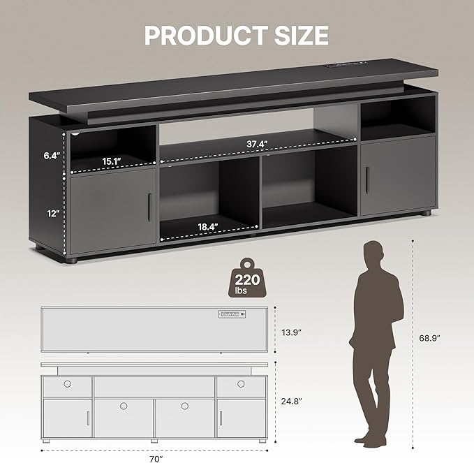 SUNCOZE TV Stand Entertainment Center with LED Lights and Cabinet for 70/75/80 Inch TV Modern TV Console Gaming Media Television Stands with Power Outlets for PS5 in Living Room and Bedroom Black