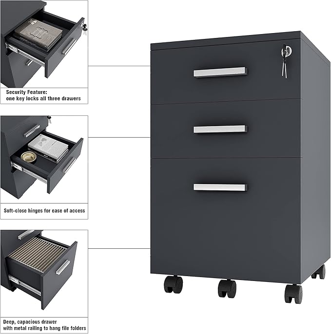 Modern Design Lazio Black File Cabinet Filing Cabinets for Home Office Drawers for Under Desk Locking 3 Drawer Rolling Wood File Cabinet with Lock by Crafts and Comfort