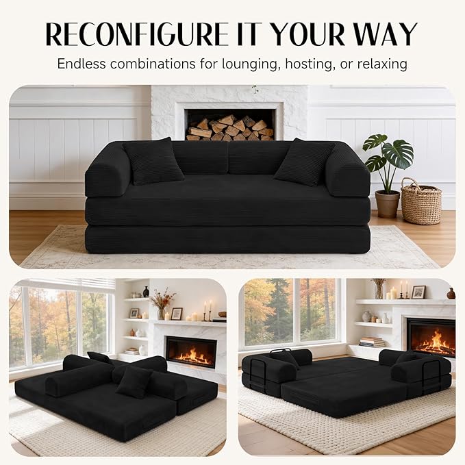 79 Corduroy Sofa Bed Boneless Couch in a Box with 2 Pillows High-Density Foam 4-in-1 Foldable Sleeper Futon Loveseat for Small Spaces No Assembly Side Pockets Black