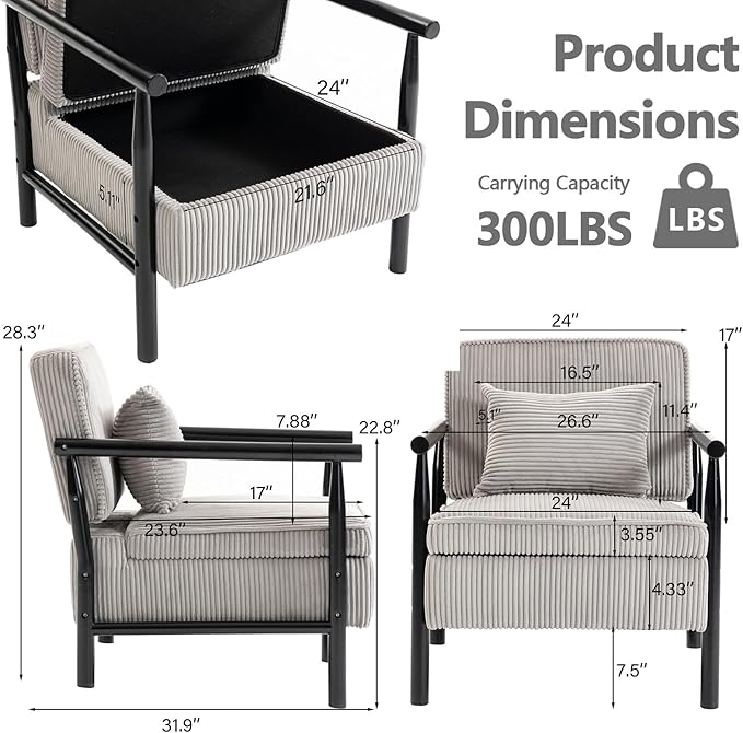 Grey Accent Chair with Storage for Living Room 24 W Mid Century Modern Chair with Cushion Upholstered Corduroy Reading Chair with Wooden Legs Comfy Arm Chairs(Grey)