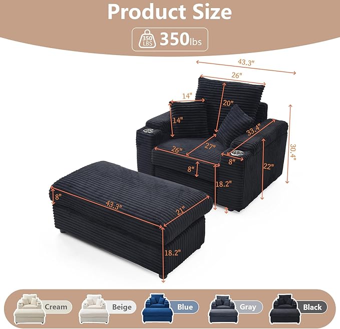 43.3”W Oversized Accent Chair with Ottoman &amp Storage Modern Corduroy Reading Chair with Cup Holder &amp Pillow Comfy Upholstered Deep Seat Armchair for Living Room Bedroom (Black)