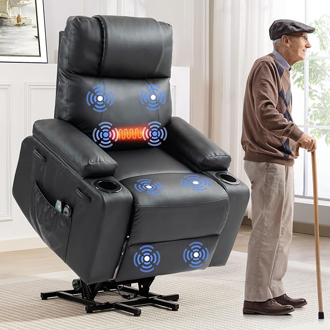 Power Lift Recliner Chair for Elderly with Massage &amp Heat 160° Adjustable PU Leather Electric Recliner with Remote Cup Holders Side Pockets and Stand Assist for Living Room Bedroom (Black)