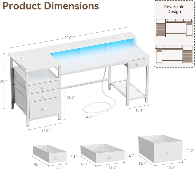 Furologee 60 White Office Computer Desk with 4 DrawersGaming Desk with LED Lights and Power OutletsLong Desk with Fabric File CabinetStudy Writing Work Table with Shelf for Bedroom Home Office