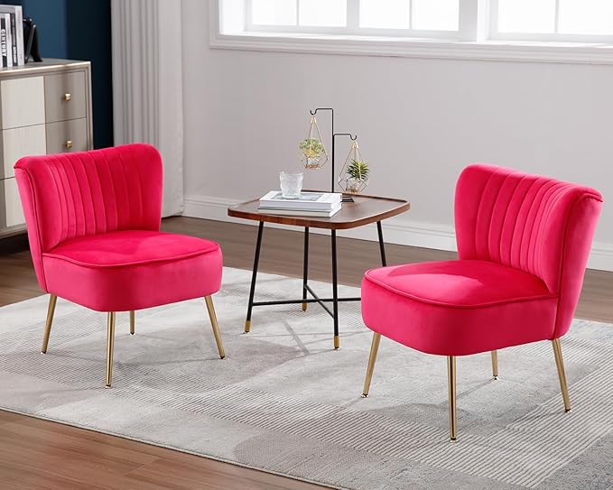 KCC Modern Velvet Upholstered Accent Chair Set of 4Mid Century Living Room Chairs with Golden LegsComfy Armless Chair Wingback Single Sofa Side Chair for BedroomHot Pink