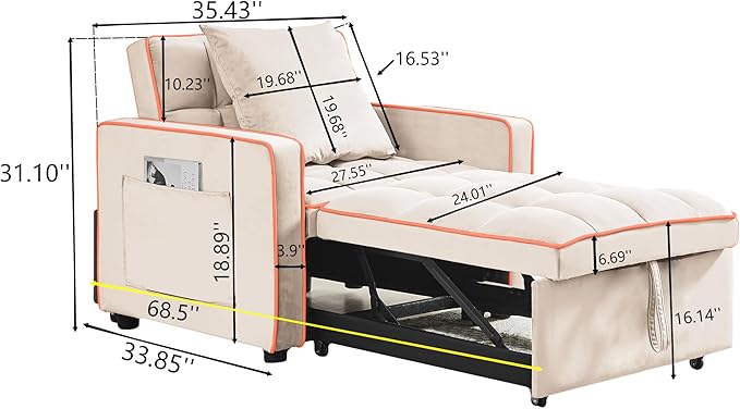 Sleeper Chair Pull Out Chair Sleeper with Adjustable Back &amp Pocket Convertible Chairs Bed Sleepers for Adults 3 in 1 Sofa Bed Chairs for Small Spaces Living Room White