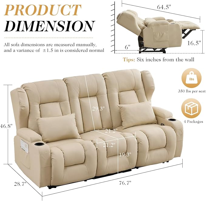 Loveseat Recliner Sofa with Flip Middle Seat3 Seater Reclining Couch Wall Hugger Recliners for Small SpacesFabric Manual 3 Seater Sofa Recliner with Cup Holders/Lumbar PillowsRV FurnitureBeige