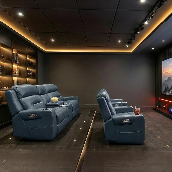 Watson &amp Whitely Genuine Leather Power Recliner Chairs for Adults Lay Flat Recliner with Power Headrest USB Ports and Cup Holders Electric Reclining Sofa for Living Room Bedroom Navy