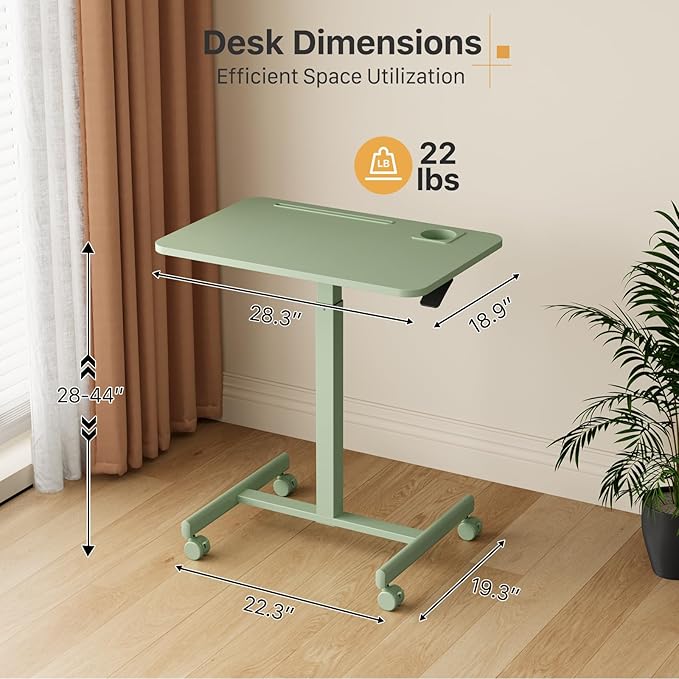 Mobile Standing Desk 28 inch Rolling Laptop Cart Adjustable Height with Cup Holder Portable Table with 4 Lockable Wheels Green Computer Workstation with Hook and Slots for Home Office