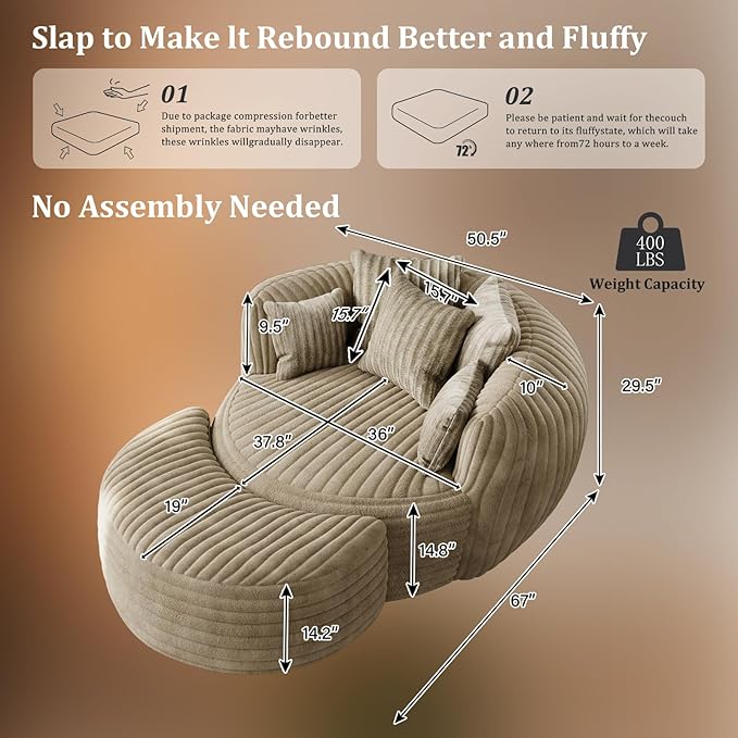 50 Oversized Chaise Lounge Indoor Round Reading Chair Lounge Chair with Ottoman Boneless Sofa Bed Large Fluffy Plush Corduroy Chaise Chair for Living Room Playroom Bedroom Camel