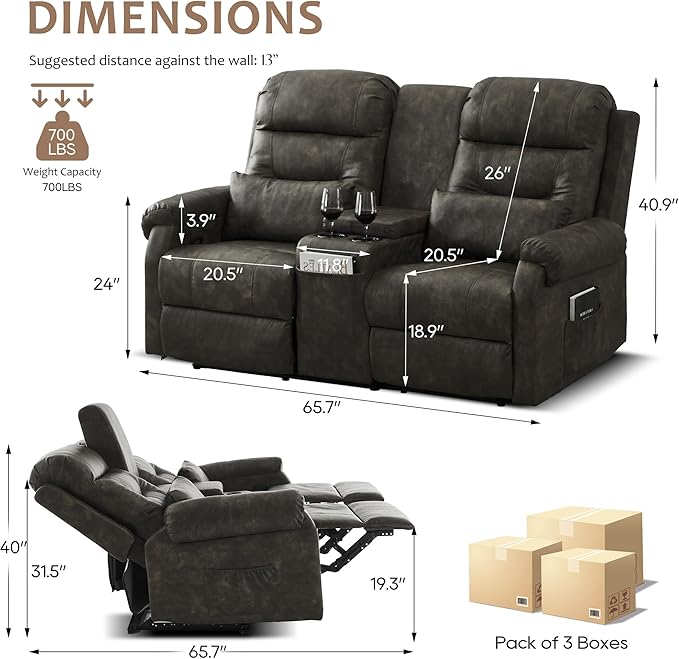 DRMBOOK RV Loveseat Recliner Sofa with Console Faux Leather Double Wall Hugger Reclining Couch Manual Home Movie Seating 2 Person Recliner Chair with Cup Holders/Storage/Pocket/Pillow Black&ampGrey