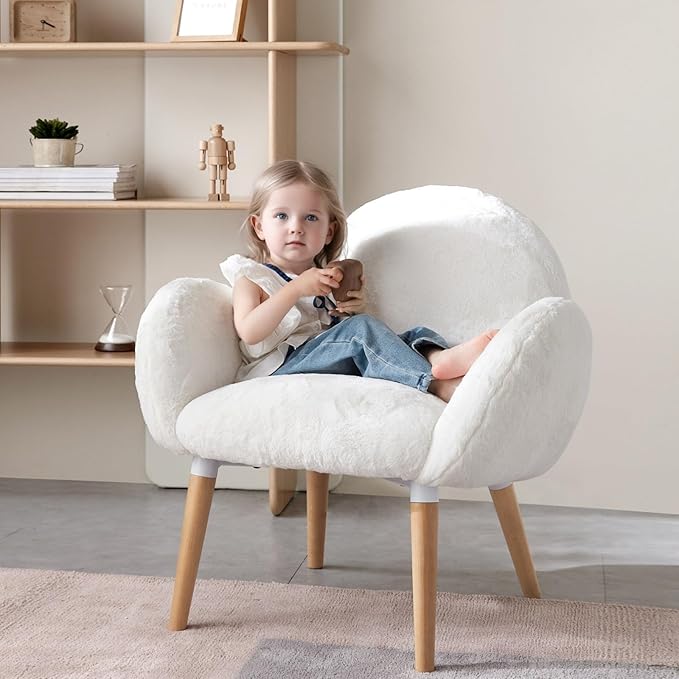 White Small Accent Chair - Solid Beech Wood Frame Lamb Fabric - Comfortable Armchair Single Sofa Chair for Living Room Bedroom Sunroom