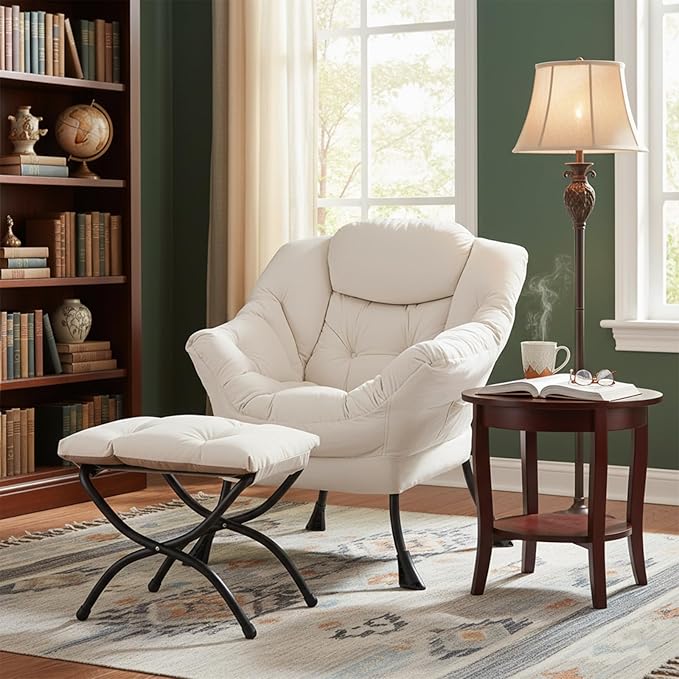 Welnow Lazy Chair with Ottoman Modern Accent Chair with Armrests and a Side Pocket Leisure Sofa Armchair Reading Armchair with Footrest for Small Space Beige