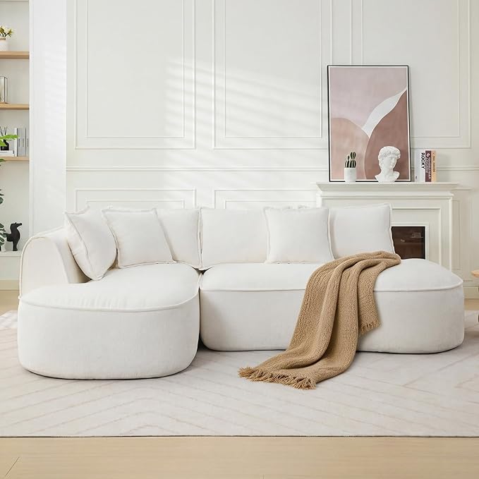 Modern Luxurious Oversized Boneless Couches Sectional Curved Sofa with 6 Pillows L-Shape Boneless Couch with Deep Seat High-Density Memory Foam No Assembly Required Chenille (White)
