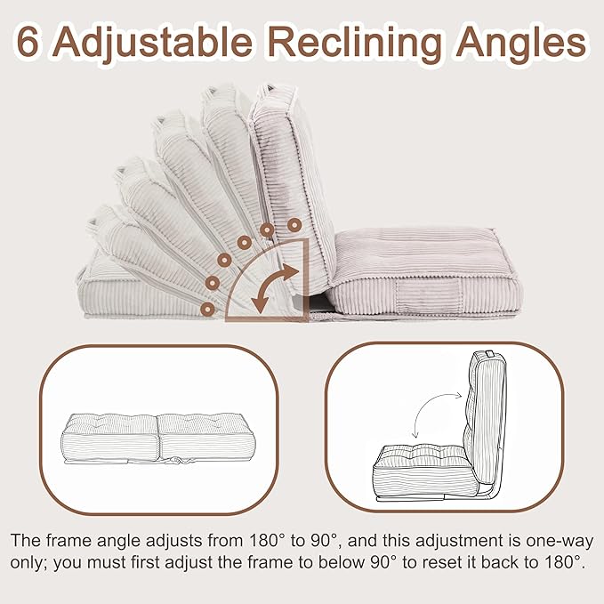 Adjustable Floor Chair with Back Support 6-Position Folding Meditation Chair Floor Sofa Chairs for Adults Comfy Accent Chairs for Reading Gaming Living Room Bedroom Light Grey