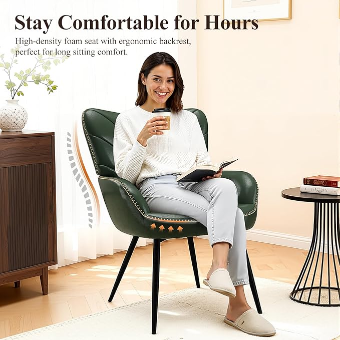 Mid-Century Modern Green Faux Leather Accent Chair Upholstered Armchair for Living Room/Bedroom/Reading Corner Curved Back &amp Padded Arms High-Density Cushion Metal Legs Easy-to-Clean Design
