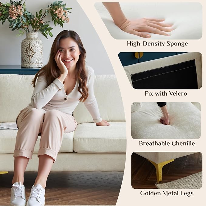 Karl home Convertible Sectional Sofa 110 U-Shape Sofa Couch 4-Seat Couch with Chaise ChenilleFabric Upholstered for Living Room Apartment Office Creamy White