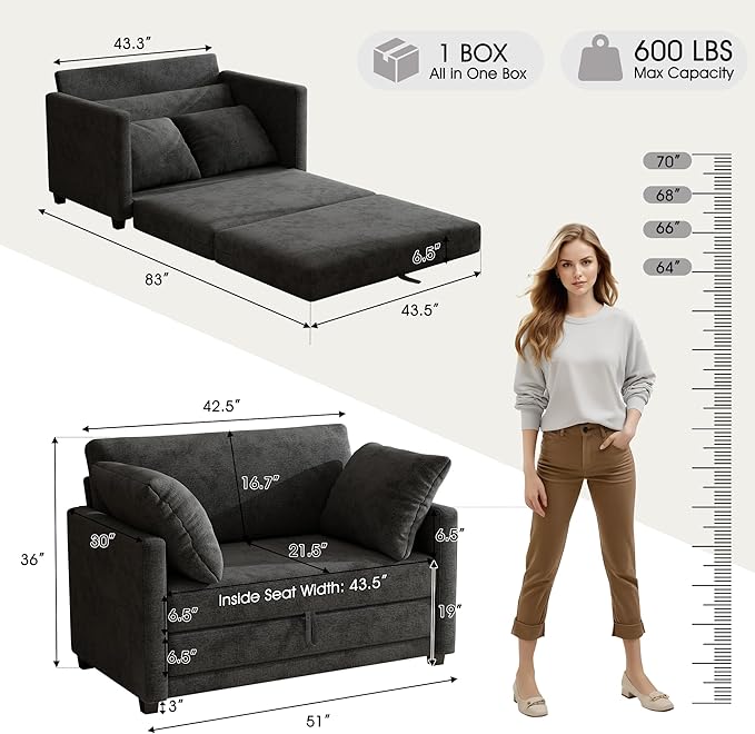 51 Loveseat Sleeper Sofa Bed Chenille Convertible Floor Sofa Bed for Small Spaces Folding Couch Bed with Deep Seat 2 Pillows &amp Solid Frame Pull Out Floor Couch for Living Room Black