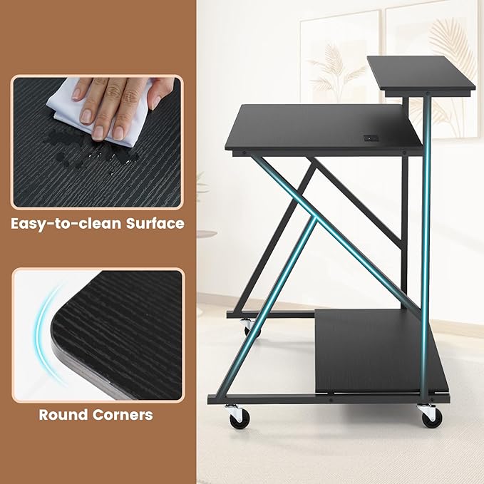 Giantex Rolling Computer Desk with Charging Station Mobile Portable Laptop Desk with Monitor Stand &amp Storage Shelf Small Desk with Lockable Wheels for Small Spaces Home Office (Black)