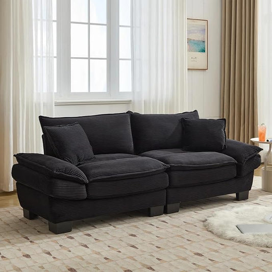 Modern 84 Corduroy Loveseat Sofa Ultra-Comfy Couch with 2 Pillows for Apartment Living Room Bedroom Home Office (Black)