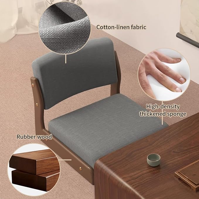Floor Chair with Back Support Legless Wooden Tatami for Bay Window Living Room Bedroom Tea House Accent Japanese Style Seat with Thick Cushion