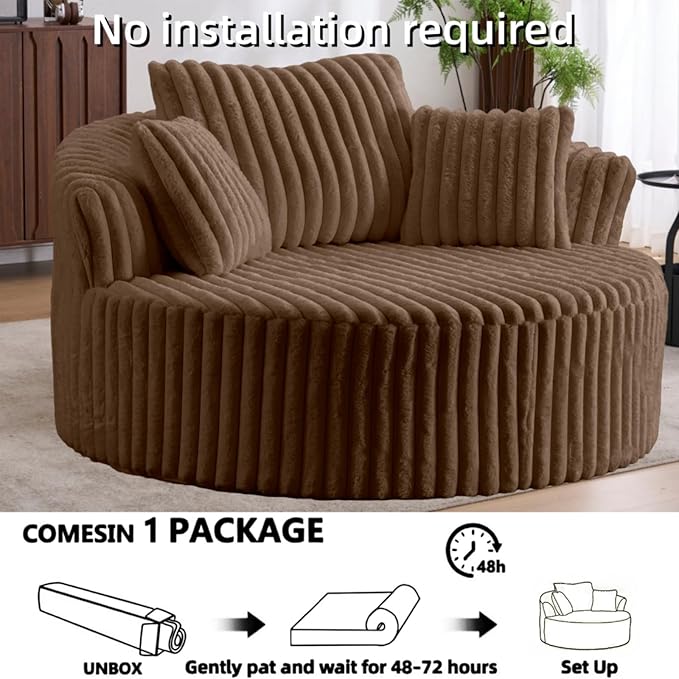 Oversized Upholstered Chaise Lounge Chair Indoor Corduroy Deep Seat Accent Chair Plush Boneless Barrel Sofa Chair for Living Room Bedroom Apartment (Brown 57 Inch)