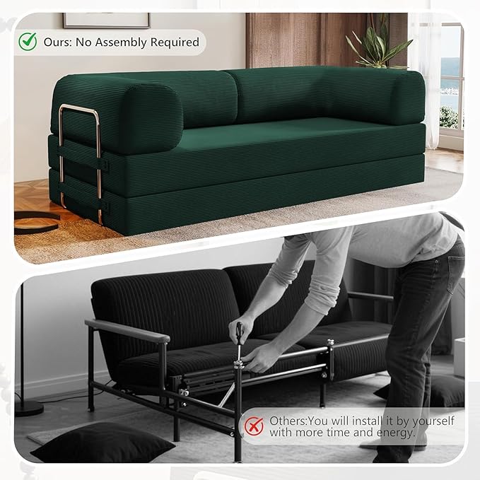 78.8 Folding Convertible Sofa Bed 4-in-1 Floor Sofa Modular Futon CouchPull Out Couch Memory Foam King Size Sofa BedNo Assembly Needed Boneless Couch for Living Room（Green）