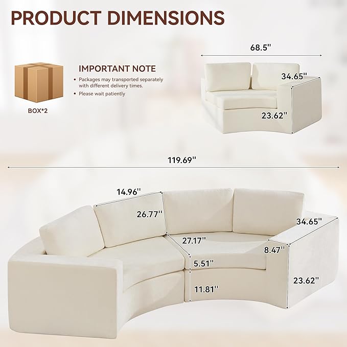 119'' Curved Round Boneless Sofa Oversized Modular Sectional Sofa with Deep Seat &amp Arms Chenille Memory Foam Sofa with Pillows Upholstered Comfy 4 Seat Couch for Living Room White
