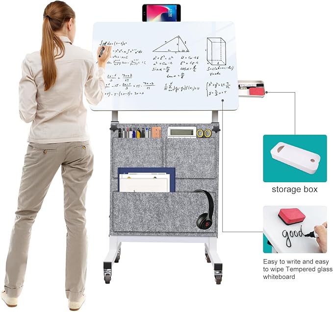 KOUPA Adjustable Height Standing Desk Writable Tempered Glass Desktop with Eraser 360° Flip Wheels and Bag– Ideal for Small Spaces and Home Offices 24 in White(Adjustable Height: 32-47 in)
