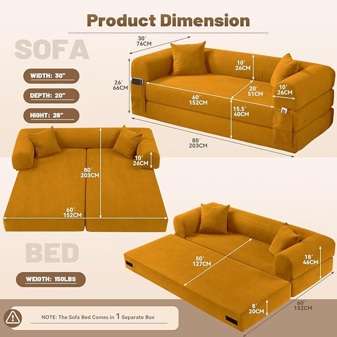 80 Convertible Sofa BedCorduroy Folding Sleeper Sofa Bed Queen with Pillows &amp StorageModular Pull Out Couches Boneless Couch for Living RoomCompressed Couch in a BoxYellow