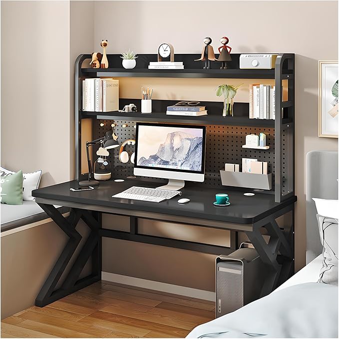 Gaming Desk with Pegboard and Storage Shelves Computer Desk with Home Office Design Modern Office Desk with Spacious Computer Workspace for Home Office and Gaming Setup (Black 31.5 in)
