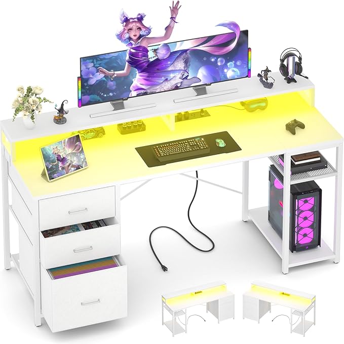 Aheaplus Gaming Desk with LED Lights and Power Outlets 59 inch Computer Desk with Fabric File Drawers Home Office Desk with Monitor Stand and Storage Shelves White