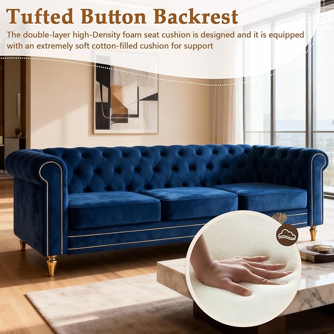 84 Velvet Sofa with Gold Legs Luxury Tufted Couch for Living Room Chesterfield Sofa with Thick Cushion Wide Armrest High-Density Foam Gold Strip Trim (Blue)