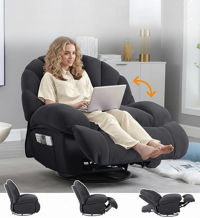 Swivel Rocker Recliner Chair – Shell Shape Manual Big Tall Single 360° Swivel Reclining Sofa with Storage Pockets | Small Space-Friendly for Living Room/Bedroom (NO Massage &amp Heat Gray)