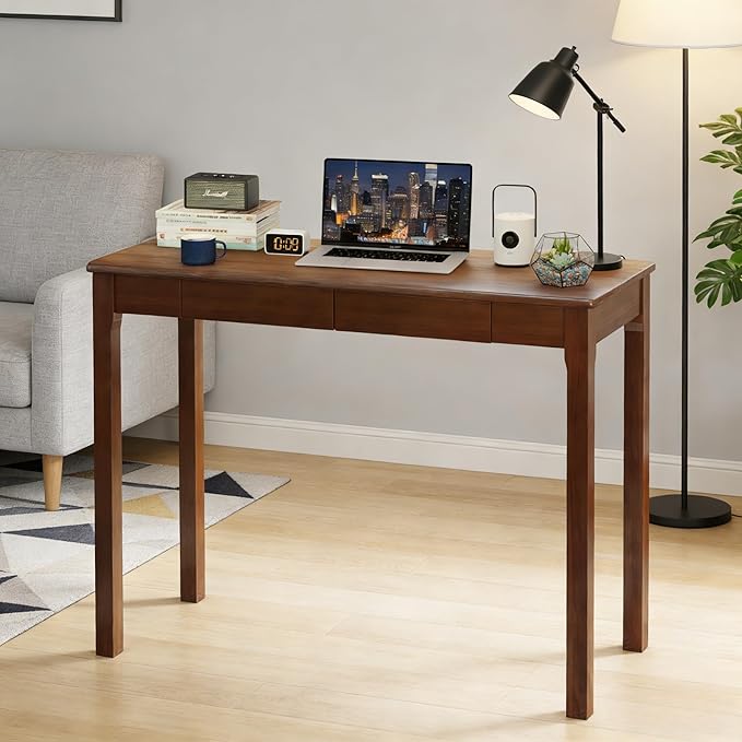 39 Inch Solid Wood Writing Desk with Drawers - Narrow Desk for Small Spaces Mid Century Modern Computer Desks Wooden Vintage Desks Study Table for Home Office Bedroom Walnut
